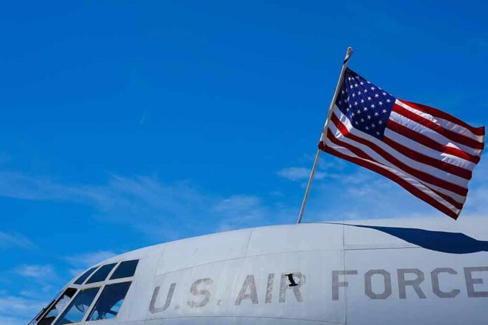 American flag on U.S. Air Force aircraft against blue sky