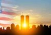 The Warning Signs Buried Before 9/11 New York City skyline with twin towers at sunrise and American flag overlay