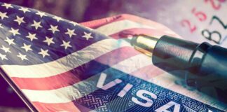 American flag overlaid on a U.S. visa and a pen