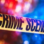Three Gunmen, One Party, and a Deadly Mystery Crime scene tape with blurred emergency lights in background