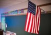 American flag hanging in a classroom