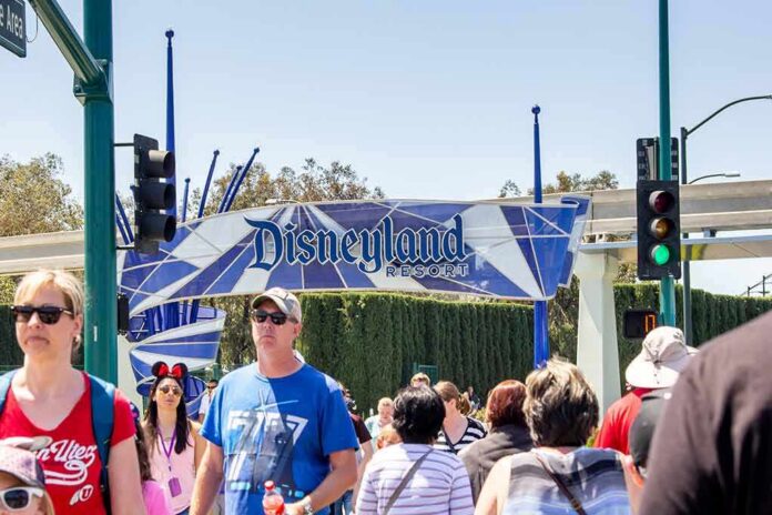 shutterstock_1415780732 Crowd walking past a Disneyland Resort entrance sign