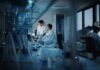 Scientists working in a dim laboratory