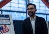 Protesters Turn on a Familiar Political Figure Zohran Mamdani smiling indoors near a voting sign with an American flag