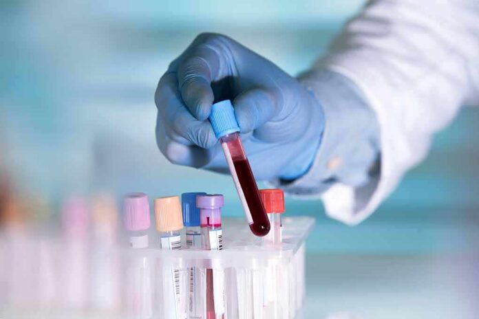 Gloved hand holding a blood sample tube